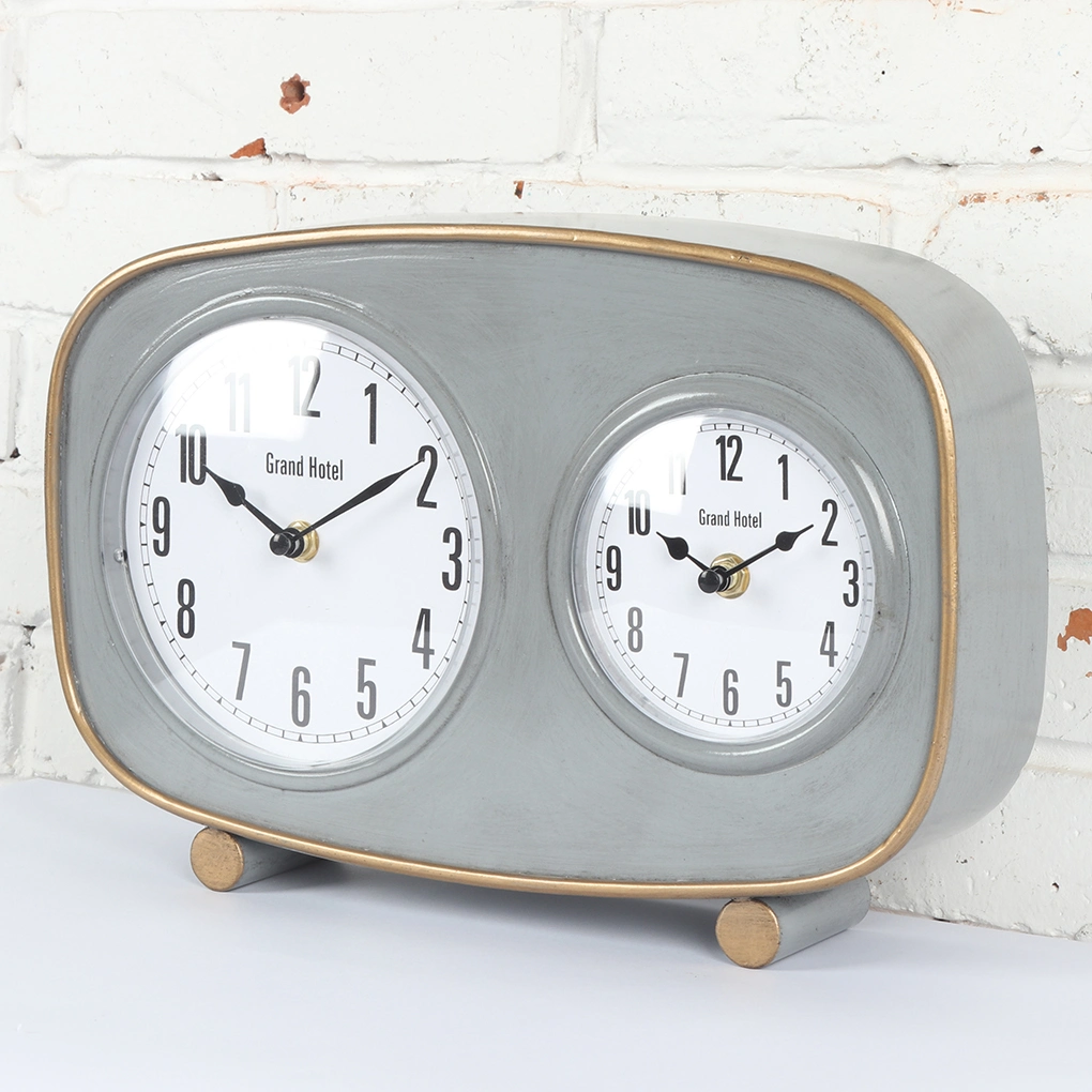 2 Dial Different Time Zone Grey Metal Clock Gold Color Decorative Table Clock